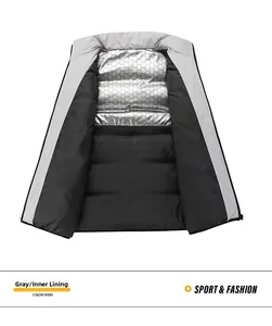Detail of silver honeycomb thermal reflective lining on gray windproof puffer vest