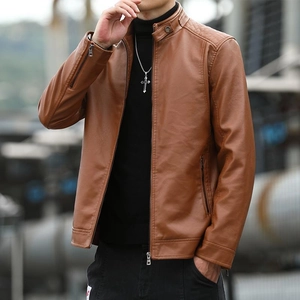 Men's brown motorcycle leather jacket with stand collar and quilted shoulder detailing