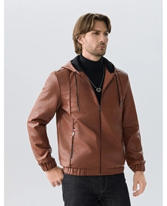 Detail of men's brown PU hooded leather jacket showing ribbed cuffs and metal zipper