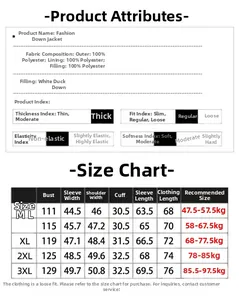 Detailed size chart for the thick hooded down parka with white duck down filling