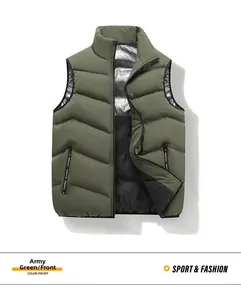 Detail of army green puffer vest with graphene heat-reflective lining and zipper pockets