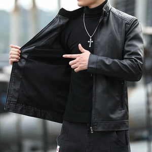 Men's black faux leather biker jacket featuring a stand collar and quilted shoulder patterns