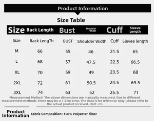 Size chart for men's lightweight bomber jacket showing measurements and 100% polyester fabric