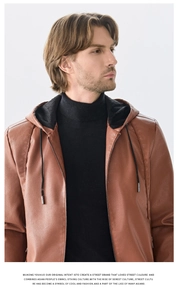 Detail of caramel brown hooded PU leather jacket featuring windproof texture and drawstring