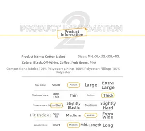 Detailed chart showing 100% polyester fabric material and size specs for winter jackets