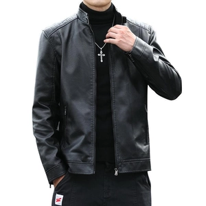Men's black slim-fit motorcycle leather jacket with stand collar and quilted shoulders