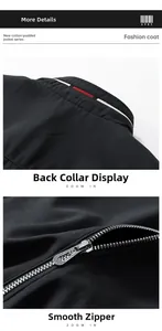 Detail view of the stand collar jacket featuring red-white ribbon and smooth metal zipper