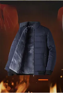 Detailed macro view of the thick gray fleece lining on a men's navy blue winter coat