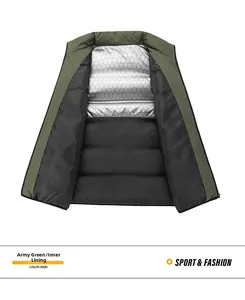 Detail view of military green outdoor vest with silver heat reflective tech lining