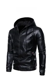 Detail of black PU leather hooded jacket showing lychee texture and tricolor ribbon zip