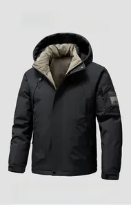 Detail view of winter graphene jacket featuring windproof hood and side pockets