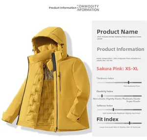 Dettaglio della tecnologia al grafene e specifiche del piumino giallo con cappuccio