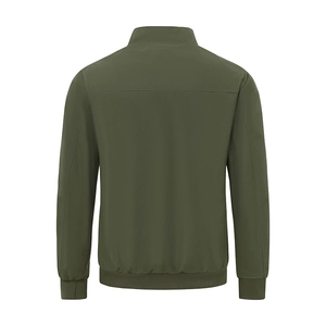 Army green men's stand collar jacket with ribbed cuffs and hem, back view on white background