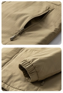 Detail of khaki jacket showing zippered pockets and elastic ribbed cuffs for men