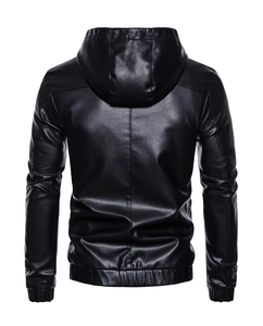 Back view of a black hooded PU leather jacket featuring elastic ribbed cuffs and hemline