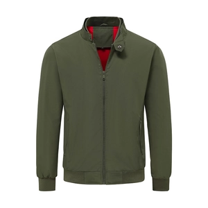Men's military green bomber jacket with red lining and stand collar, casual outdoor style