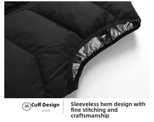 Detail of waterproof puffer vest armhole featuring thermal heat reflective silver lining