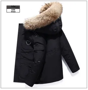 Detail view of black winter parka featuring a plush brown faux fur collar and side arm patch