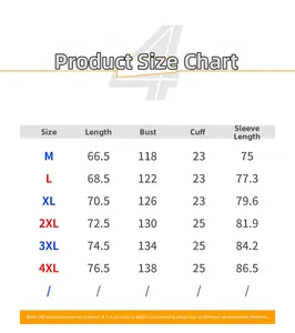 Detailed size chart for unisex padded jackets showing length, bust, and sleeve measurements