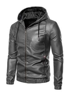 Detailed view of dark grey PU leather jacket showing drawstring hood and striped pocket detail