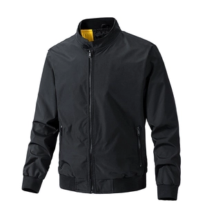 Men Casual Stand Collar Bomber Jacket Windproof Full Zip Lightweight Outerwear With Ribbed Trim Solid Color For Spring Autumn