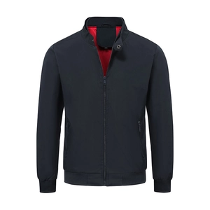 Classic navy blue men's bomber jacket with stand collar and red lining contrast