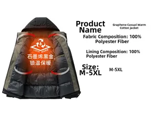 Detail view of graphene warm jacket showing 100% polyester fabric and inner lock-warm technology