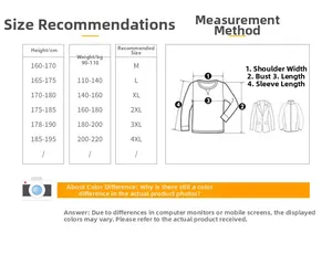 Detailed size chart for men's winter jacket with height and weight measurement guide