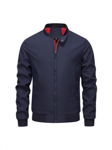 Men's casual navy blue windbreaker jacket with stand collar and ribbed cuffs on white back