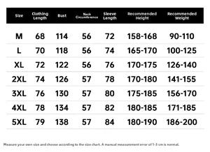 Detailed size guide table for graphene padded winter jacket for men with measurements