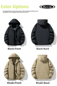 Front and back views of men's hooded padded winter jackets in black and khaki colors
