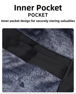 Detail of grey thickened fleece lining and hidden black safety pocket for winter coat