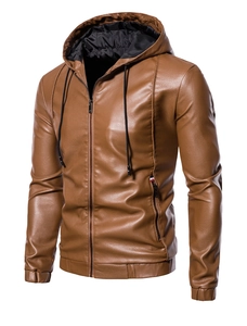 Detail of tan PU leather jacket showing ribbed cuffs and striped zipper pocket accents