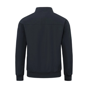 Men's navy blue casual jacket with stand collar and ribbed cuffs seen from the back
