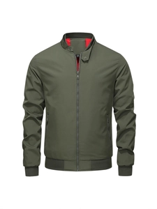 Classic army green men's bomber jacket with ribbed cuffs and stand collar on white background