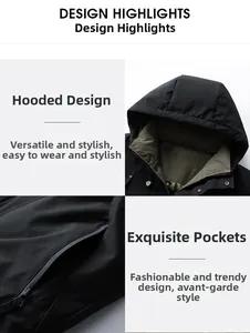 Detail of winter jacket showing adjustable windproof hood and waterproof zipper pockets