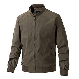 Classic olive green bomber jacket for men featuring a ribbed collar and sleek metal zipper
