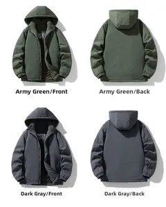 Detailed front and back views of hooded winter jacket in army green and dark grey colors