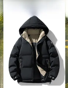 Detail of hooded men winter parka showing zipper closure and MENN-CLAW pocket design