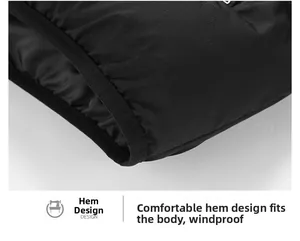 Close-up of windproof elastic hem on black winter vest showing high-quality stitching