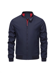 Men's Casual Bomber Jacket Stand Collar Windproof Lightweight Zip Up Outwear Solid Color Fashion Coat With Ribbed Cuffs