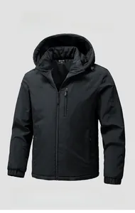 Detail view of the black hooded jacket with graphene insulation and chest zipper pockets