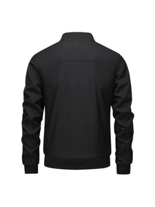 Men's classic black bomber jacket with ribbed cuffs and stand collar, back view on white