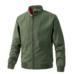 Minimalist olive green flight jacket for men with stand collar and red interior lining