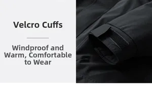 Detail of adjustable hook-and-loop cuffs on black windproof outdoor jacket