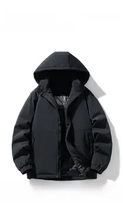 Detail of black hooded work jacket featuring windproof fabric and quilted lining