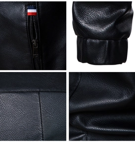 Macro detail of black PU jacket showing zipper, stitching, and lychee leather texture