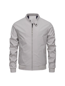 Men's light grey slim fit bomber jacket with stand collar and ribbed cuffs in minimalist style