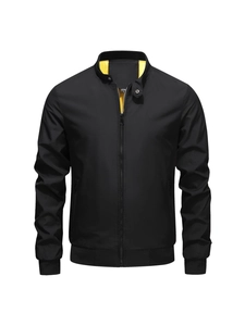 Men's black stand-collar casual jacket with bright yellow lining and metal zip closure