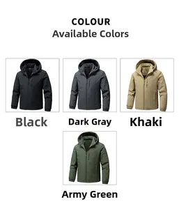 Men's outdoor hooded jacket showing four color options black grey khaki and olive green